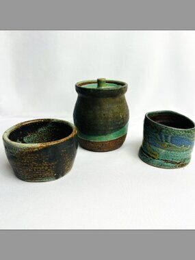 Lot of 3 Handcrafted Artisanal Pottery Cups - Unique Glazed Pottery signed